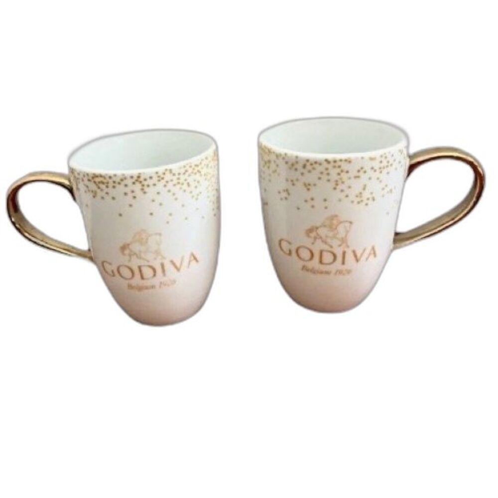 GODIVA Chocolatier Gold Handle FINE PORCELAIN Coffee Mugs Cup Set of 2